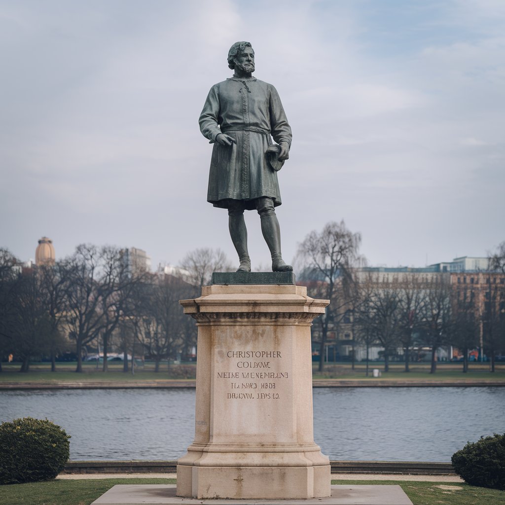a medium shot of a statue of christopher columbus