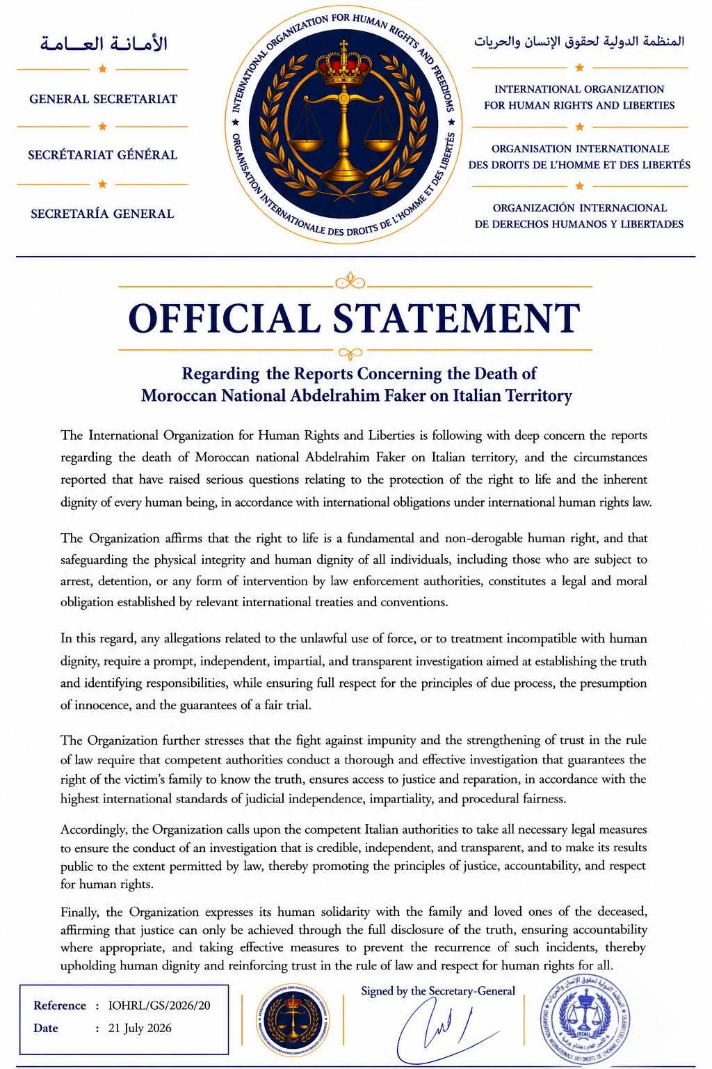 International Organization for Human Rights and Liberties Calls for Independent Investigation into Death of Moroccan National in Italy 2 1000339935
